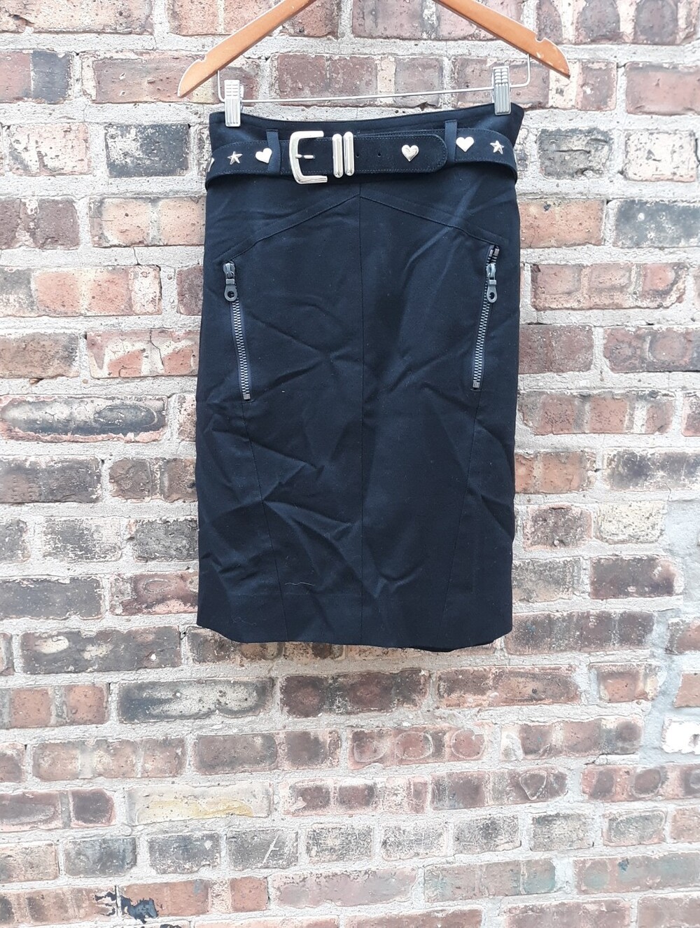 Mondi Pure Wool Pencil Skirt Womens IT 40 US 6 Black Studded Heart Star Belt Y2K